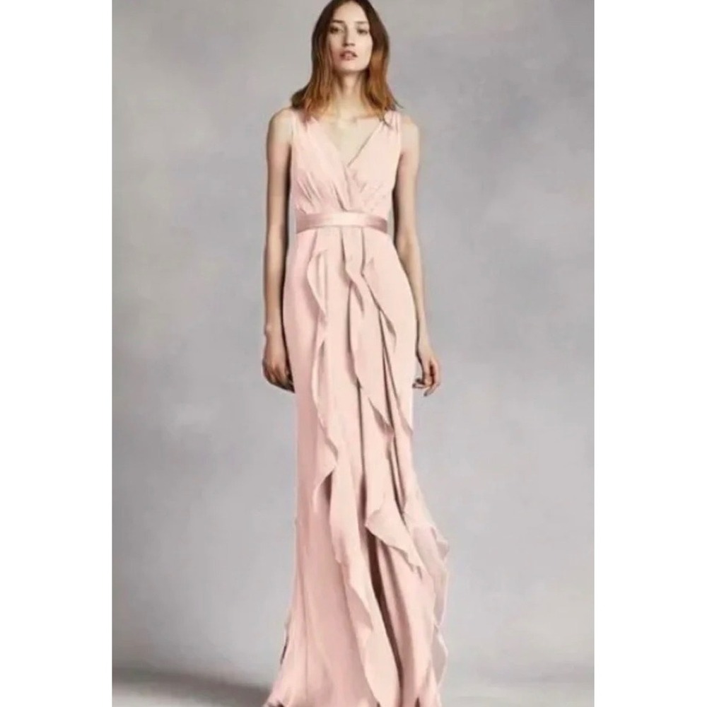 White by Vera Wang | Ruffled Surplice Bodice‎ Dress 6 Pink Chiffon Maxi Gown